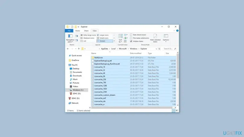 File Explorer open at AppData Local Microsoft Windows Explorer with the files iconcache_16, iconcache_32, iconcache_48 and other iconcache files selected