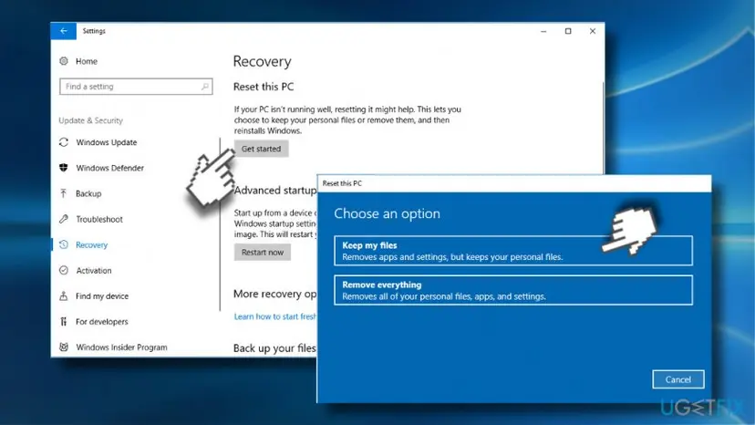 Windows 10 Settings Recovery page with Reset this PC Get started, and the Choose an option window with Keep my files and Remove everything