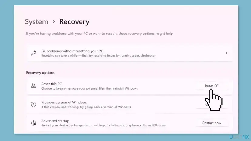 Windows 11 Settings, System, Recovery page with the Reset PC button next to Reset this PC