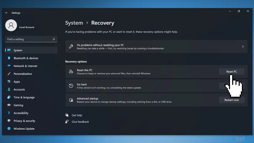 Reset windows