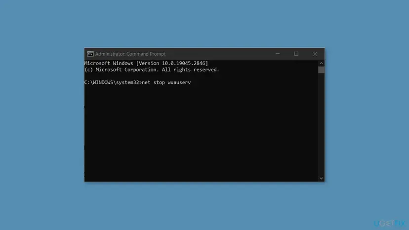 Administrator Command Prompt window with the command net stop wuauserv typed, the first step of the update cache reset