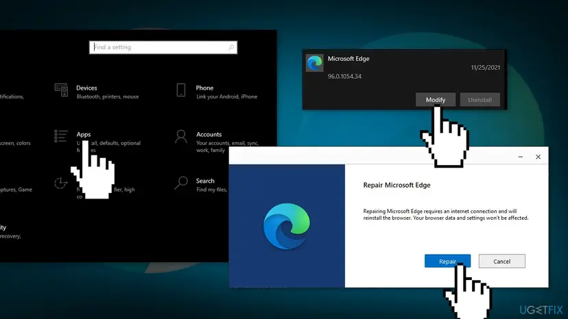 Windows Settings showing Microsoft Edge app repair option