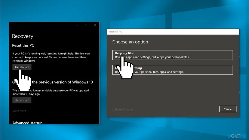 Windows 10 Recovery settings with Reset this PC and Get started, next to the Choose an option window with Keep my files and Remove everything
