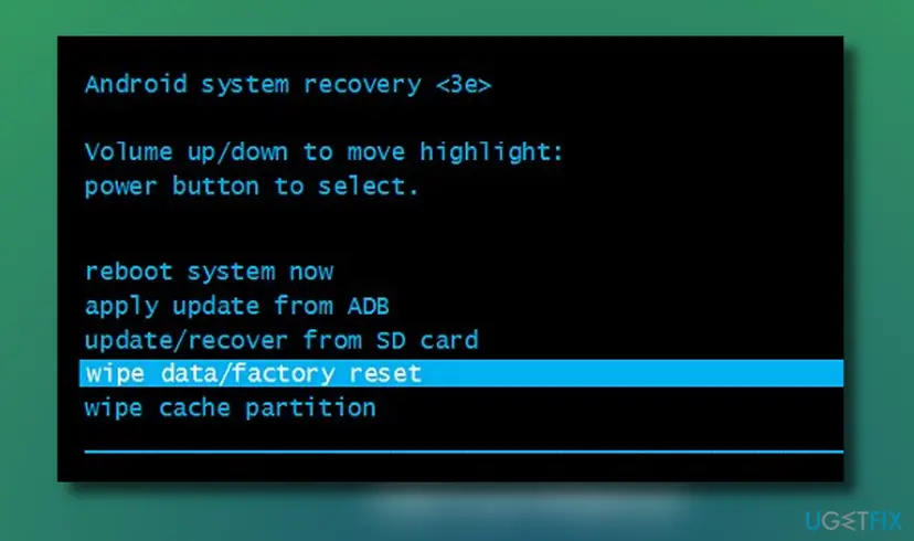 Android system recovery menu with the option wipe data/factory reset highlighted among reboot and update options