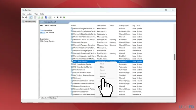 Windows Services list with MSI Center Service selected and its right-click menu open on Restart, MSI Foundation Service and MSI Voice Control Service below it