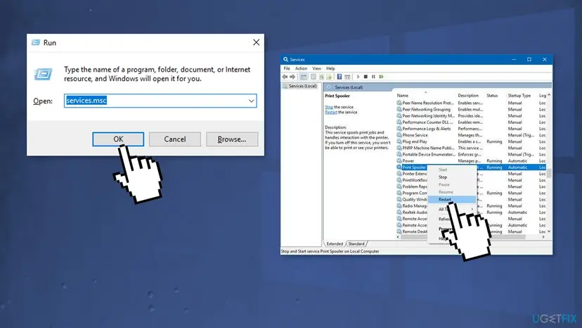 Run box with services.msc typed and OK selected, next to the Services window with Print Spooler right-clicked and Restart highlighted