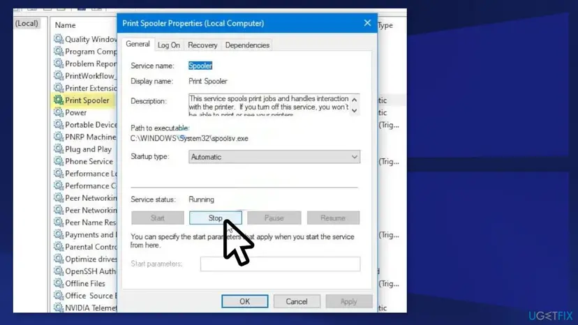 Print Spooler Properties window with service name Spooler, path C:\WINDOWS\System32\spoolsv.exe, startup type Automatic and the Stop button