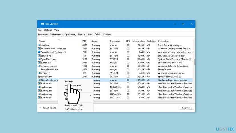 Task Manager Details tab with StartMenuExperienceHost.exe selected and End task in the right-click menu
