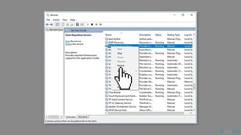 Services window with State Repository Service selected, its description about the application model, startup type Manual and the right-click menu with Restart