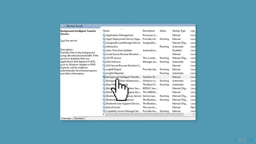 Services window with Background Intelligent Transfer Service selected, Startup Type Manual, empty Status and a Start the service link on the left