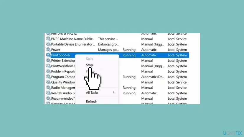 Services window on Windows 11 with Print Spooler selected, status Running, startup type Automatic, and its right-click menu showing Start, Stop and All Tasks