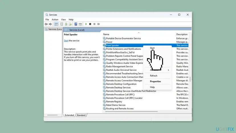 Services window on Windows 11 with Print Spooler selected in the list and its right-click menu open on Start, Stop and Properties