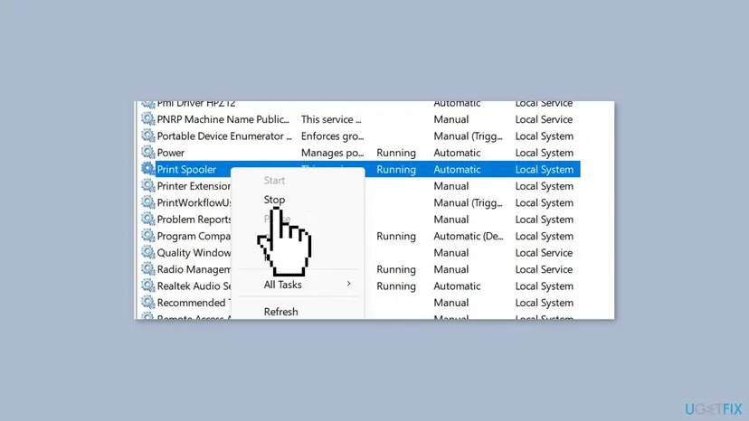 Services window on Windows 11 with Print Spooler selected, status Running and Automatic, and the right-click menu open on Stop