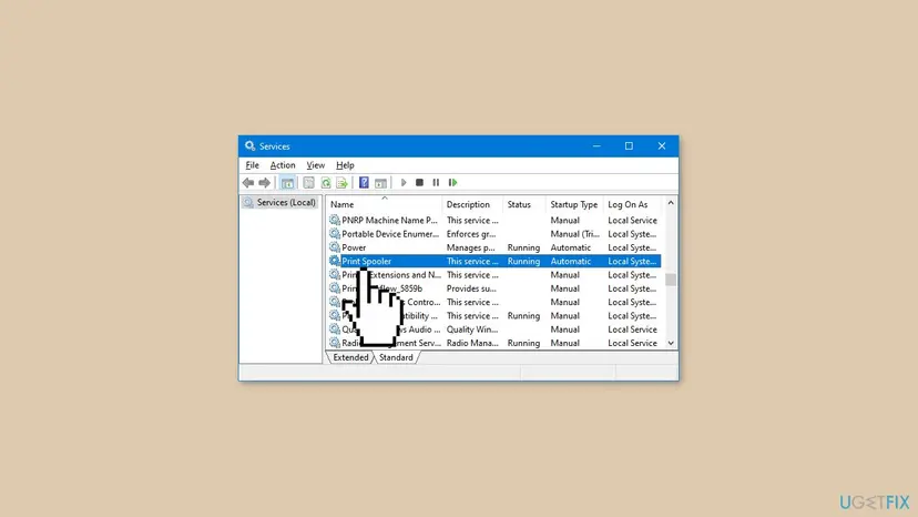 Services window on Windows 10 with the Print Spooler service selected, its status Running and startup type Automatic