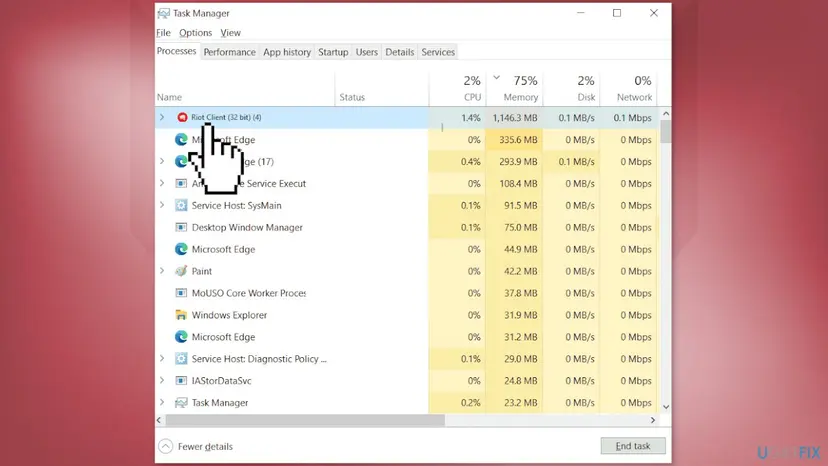 Task Manager Processes tab on Windows 10 with Riot Client (32 bit) selected and the End task button at the bottom right