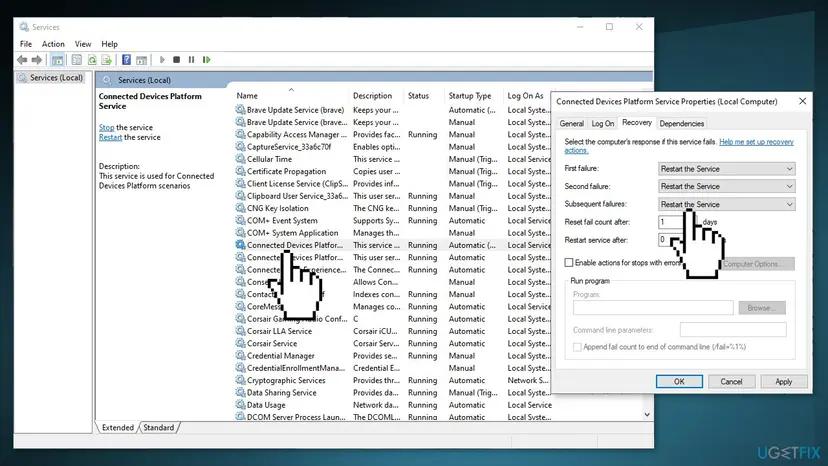 Connected Devices Platform Service Properties on the Recovery tab with First failure, Second failure and Subsequent failures all set to Restart the Service