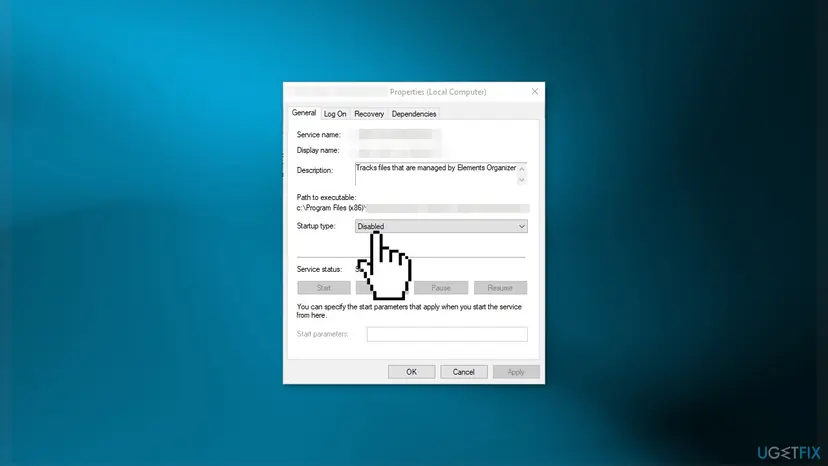 Properties window of a service on its General tab, with Startup type set to Disabled and the Start button greyed out