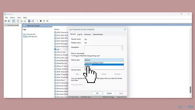 Windows Services console with the vgc Properties dialog open, path to executable C:\Program Files\Riot Vanguard\vgc.exe, and the Startup type list showing Manual and Automatic