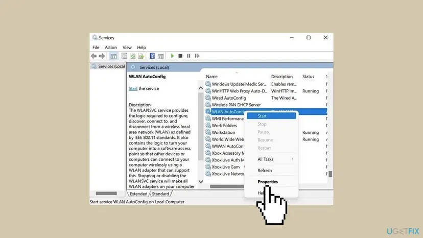 Services window with WLAN AutoConfig selected and its right-click menu open, showing Start, Restart and Properties