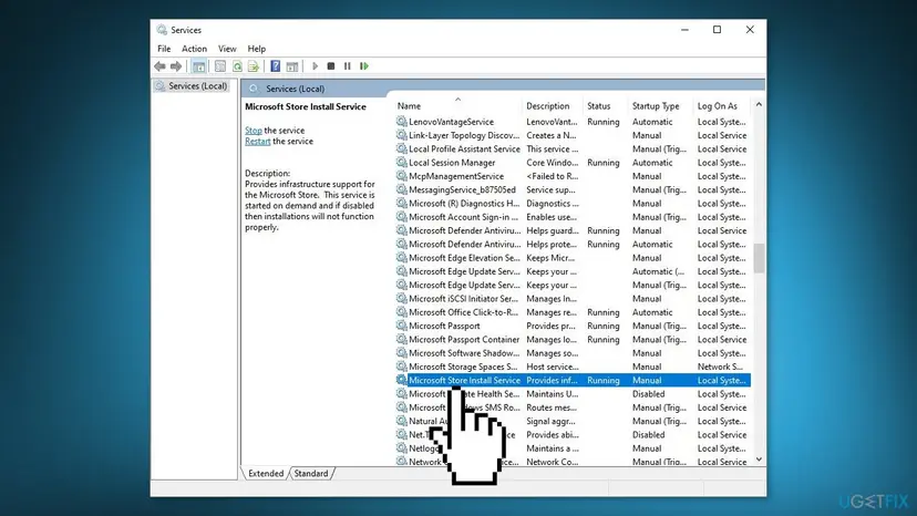 Services window with Microsoft Store Install Service selected, its status Running and startup type Manual, and the Restart the service link on the left
