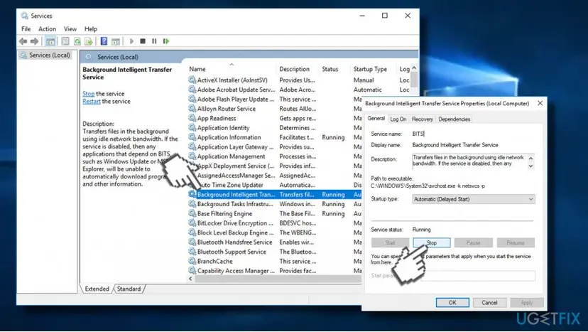 Services window with Background Intelligent Transfer Service selected and its Properties dialog open, pointer on the Stop button