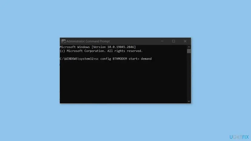 Administrator Command Prompt window running the sc config BTHMODEM start= demand command