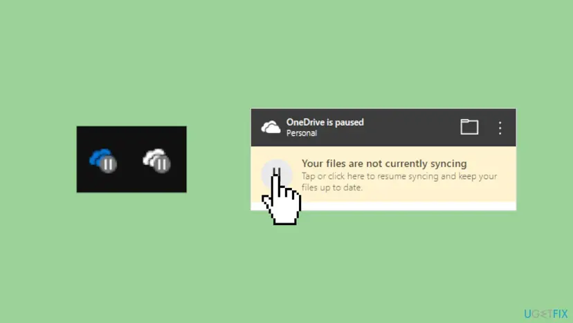 The OneDrive cloud icons with a pause symbol in the taskbar, and the OneDrive is paused panel with a yellow box to resume syncing