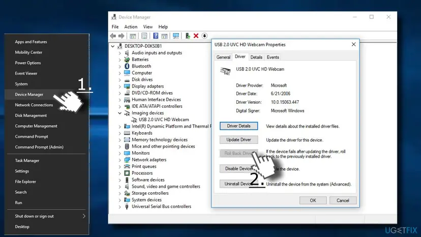 Device Manager with Imaging devices expanded and the Properties window of a USB 2.0 UVC HD Webcam open on the Driver tab with Roll Back Driver