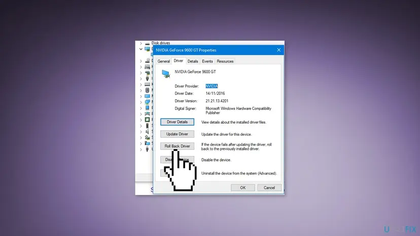 NVIDIA GeForce graphics card Properties window, Driver tab, with the Roll Back Driver button highlighted
