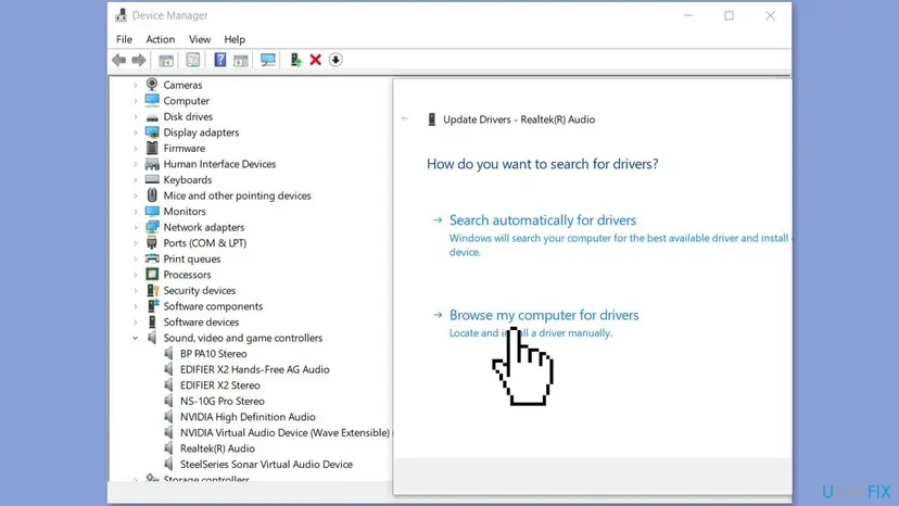 Device Manager on Windows 10 with Sound, video and game controllers expanded and the Update Drivers window for Realtek(R) Audio offering Browse my computer for drivers