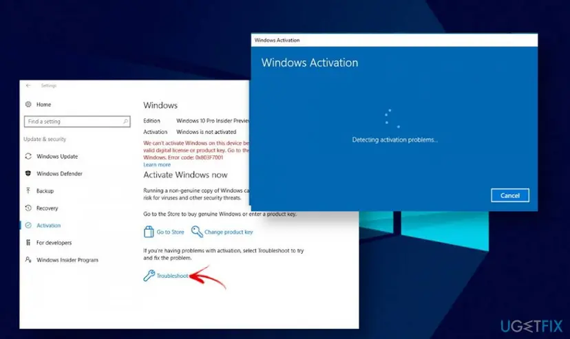 Windows 10 Settings, Update and Security, Activation page with Windows not activated, the Troubleshoot link and a Windows Activation window detecting activation problems