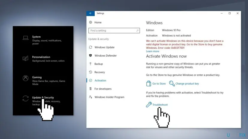 Windows 10 Settings, Update and Security, Activation page with Windows is not activated in red, Change product key and a Troubleshoot link