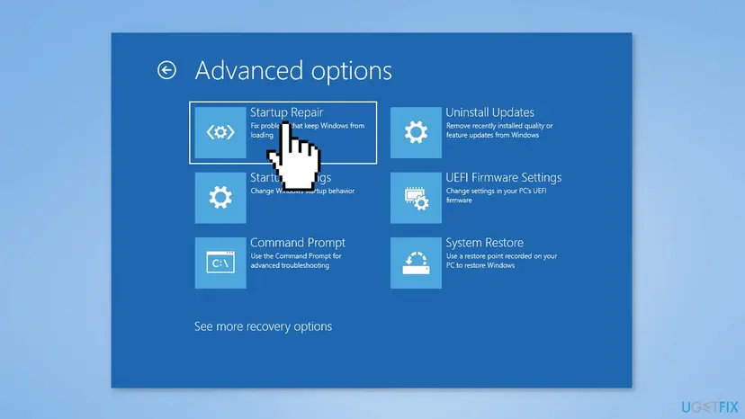 Windows Recovery Environment Advanced options screen with Startup Repair, Startup Settings, Command Prompt, Uninstall Updates, UEFI Firmware Settings and System Restore tiles