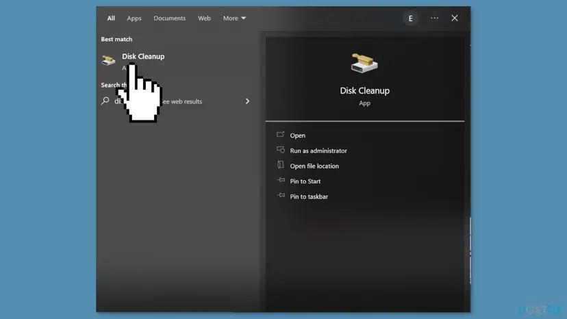 Windows search results with Disk Cleanup as the best match and the Open and Run as administrator options on the right