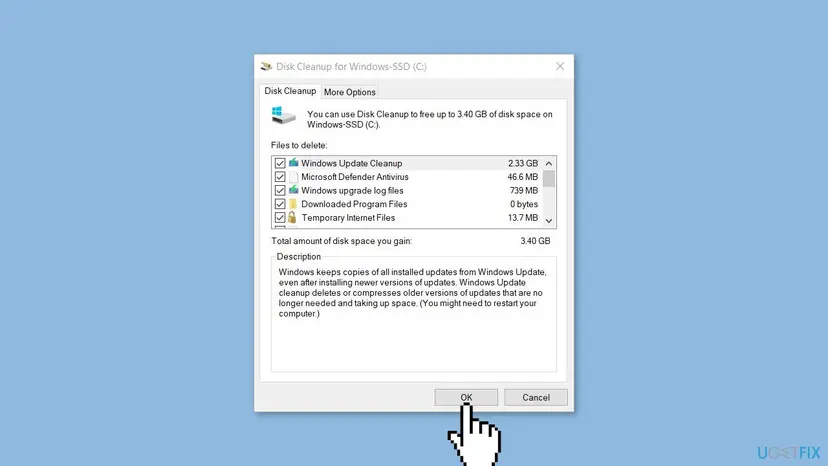 Disk Cleanup for drive C on Windows 10 with Windows Update Cleanup and Windows upgrade log files checked and the OK button
