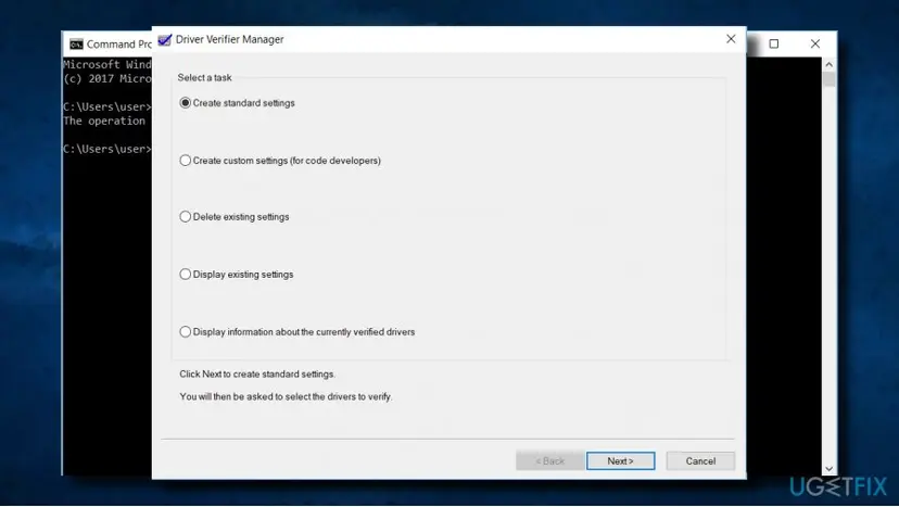 Driver Verifier Manager window with Create standard settings selected above four other tasks and the Next button