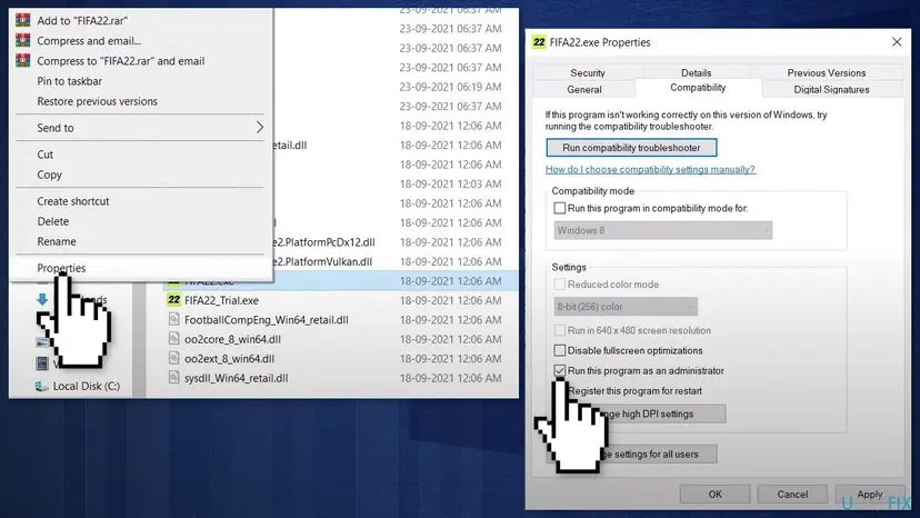 FIFA22.exe Properties window on the Compatibility tab with Run this program as an administrator ticked