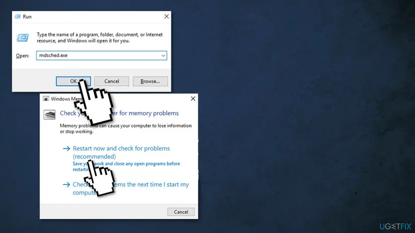 Run dialog with mdsched.exe typed in, and the Windows Memory Diagnostic window with Restart now and check for problems (recommended) selected