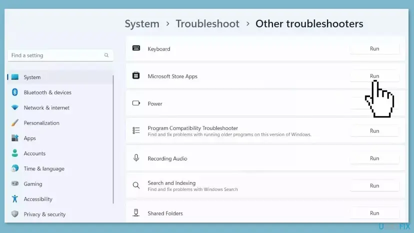 Windows 11 Settings, Other troubleshooters page with the Run button next to Microsoft Store Apps