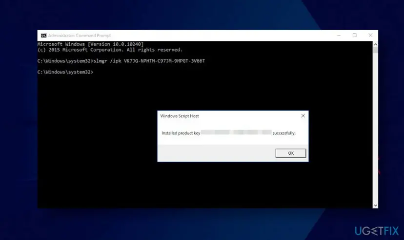 Command Prompt run as administrator with the slmgr /ipk command and a Windows Script Host box saying the product key was installed successfully