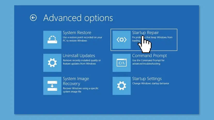 Windows recovery Advanced options screen with System Restore, Uninstall Updates, Command Prompt, Startup Settings and the Startup Repair tile selected