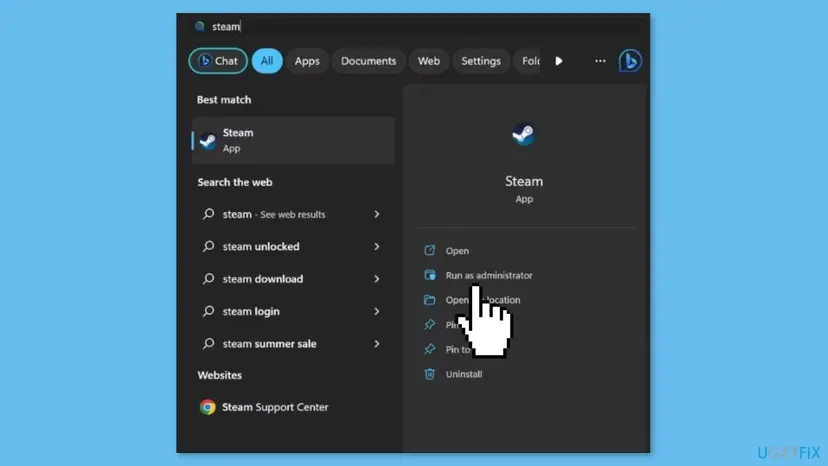 Windows search results for Steam showing the Run as administrator option on the right