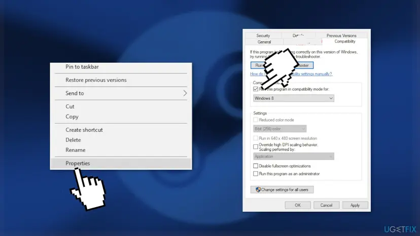 File context menu with Properties selected and the Compatibility tab with Run this program in compatibility mode for Windows 8 ticked