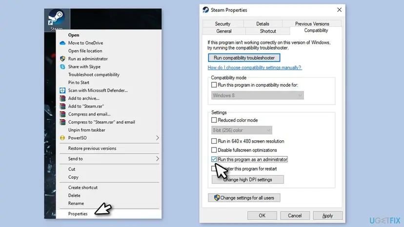 Steam shortcut context menu at Properties and the Compatibility tab with Run this program as an administrator ticked