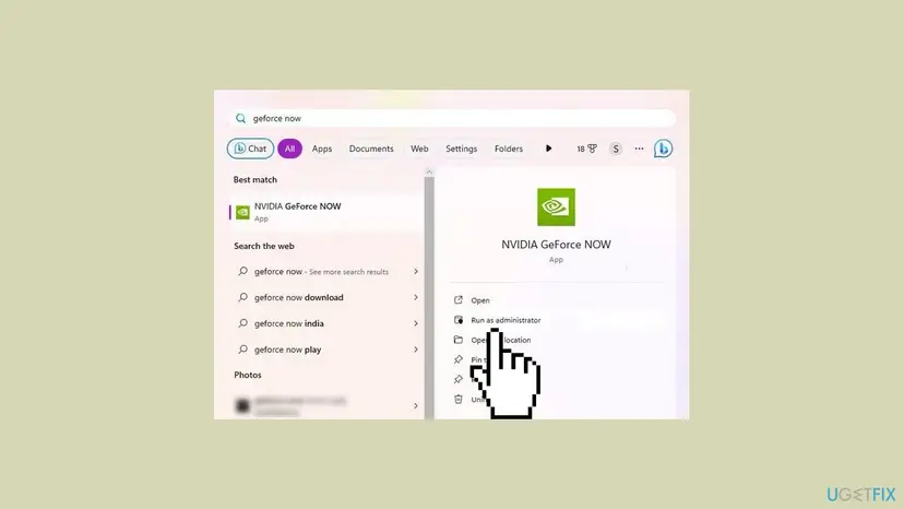 Windows 11 search results for geforce now with NVIDIA GeForce NOW as best match and Run as administrator in the right pane