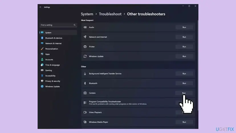 Windows 11 Settings at System, Troubleshoot, Other troubleshooters with the Camera entry and its Run button highlighted