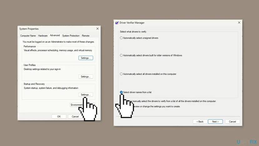 Driver Verifier Manager on Windows 11 with Select driver names from a list chosen, next to the System Properties Advanced tab