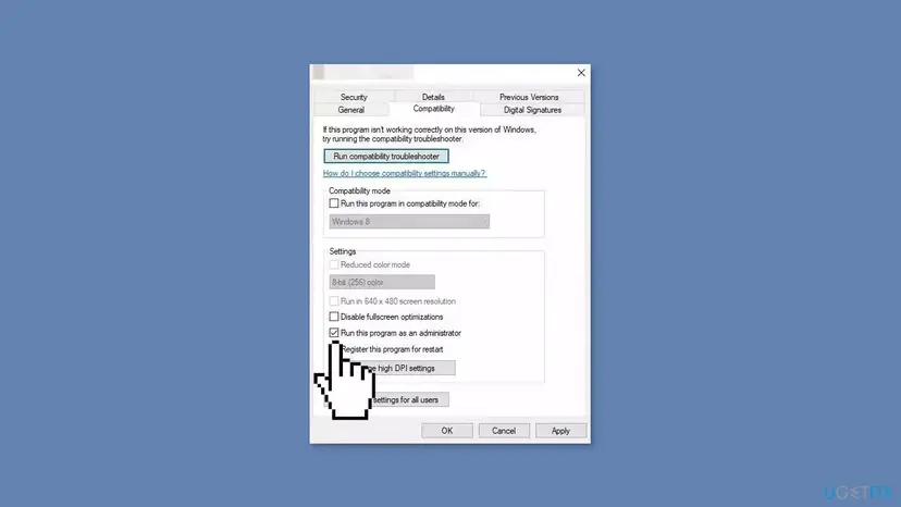 Properties window of a game exe on the Compatibility tab with the Run this program as an administrator box ticked and the Change settings for all users button below