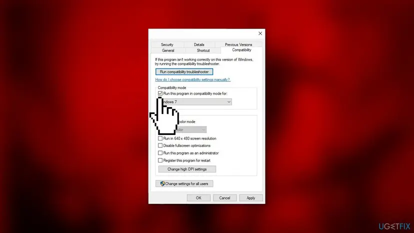 Properties window of the game on the Compatibility tab with Run this program in compatibility mode for selected and Windows 7 chosen