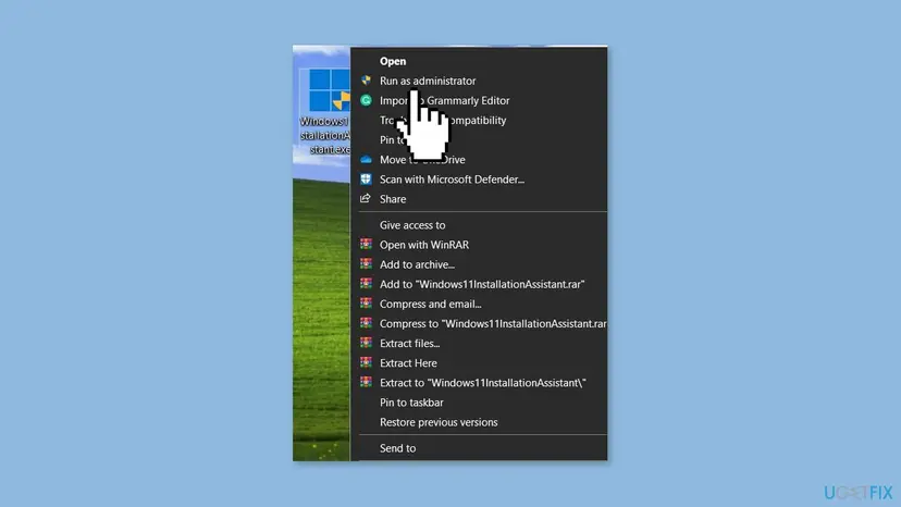 Right-click menu on the Windows11InstallationAssistant.exe file on the desktop with Run as administrator at the top of the list
